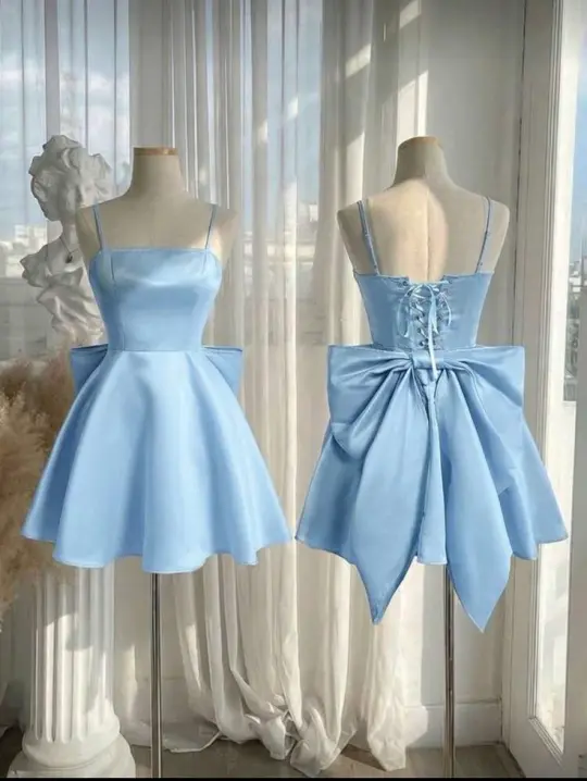 Elegant Pale Blue A-Line Spaghetti Straps Large Bow Back Accessory Bodycon Mini Dress Homecoming Dress RS193