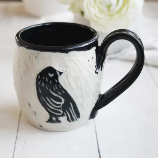 Whimsical Black Bird Carved  Pottery Mug, 13 oz., Made in USA