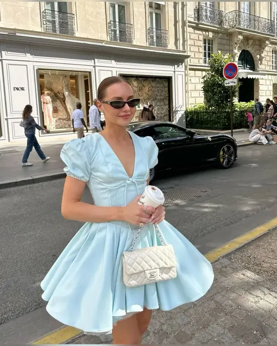 Light blue puff sleeves V-neck waist slim short skirt homecoming dress R3610