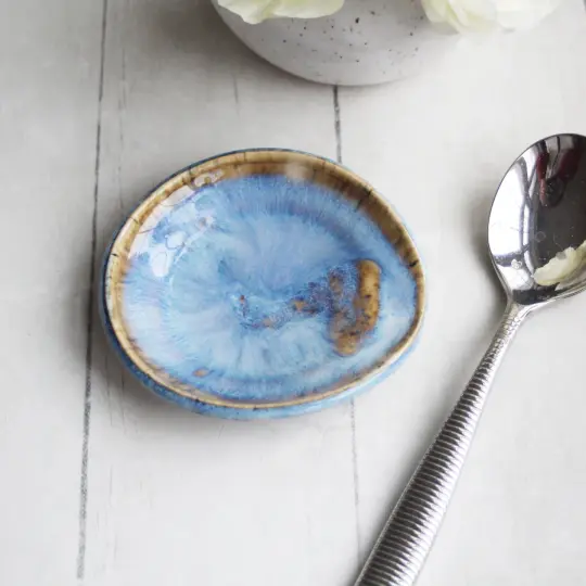 Small Spoon Rest in Swirly Blue Glaze, Ceramic Coffee Station Spoon Dish, Made in USA
