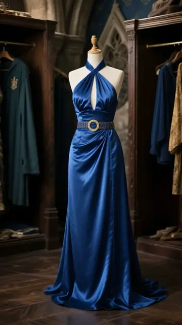 Dark blue halterneck slim waist satin elegant ball gown R6085