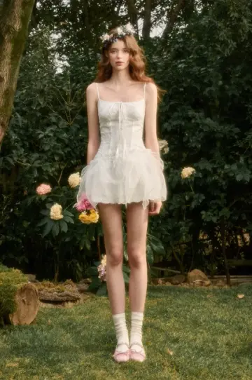 White Corset-Style Mini Dress with Lace-Up Front, Tulle Ruffle Skirt, and Thin Spaghetti Straps R9257