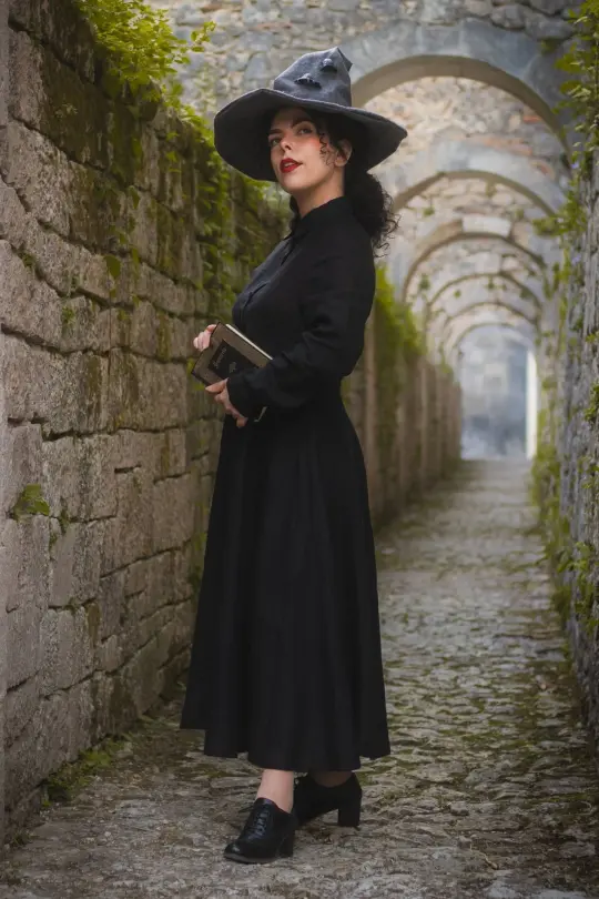 Frida – Black Pansy Linen Dress with Shirt Collar