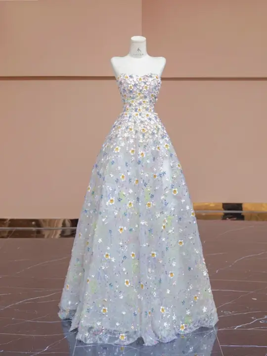 Light blue strapless fitted bodice with floral skirt, ball gown/bridal dress R8347