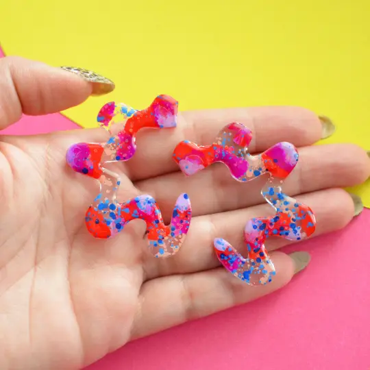 Squiggle Abstract Art Wavy Earrings in Red and Purple Resin
