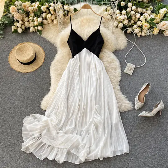 Holiday dress temperament V-neck contrast color stitching pleated big swing beach dress R2294