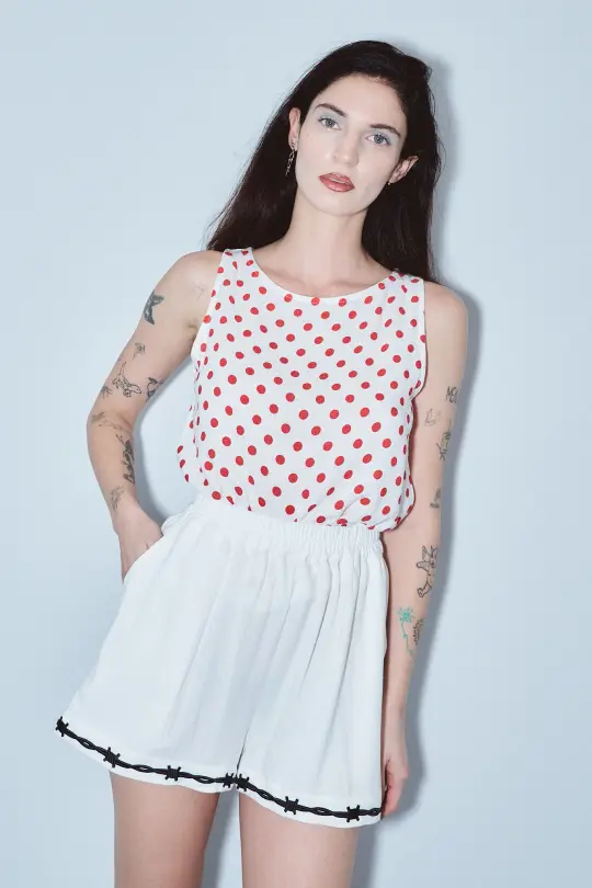 5 left - Shift Tank Soft Linen Red Polka Dot