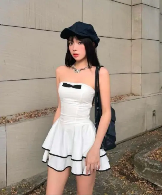 White cute tube top waist slim fit A-line short skirt homecoming dress R4054