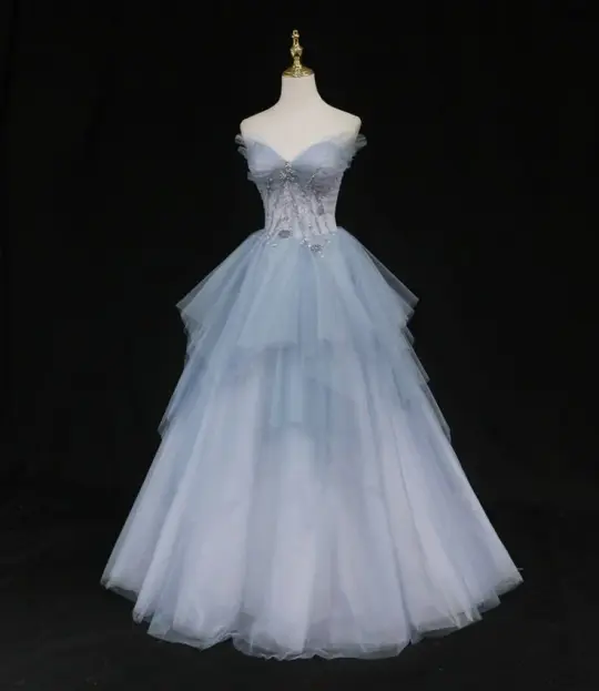 Elegant Pale Blue A-Line Strapless Long Women Dress with Beaded Birthday Dress Prom Dress RS104