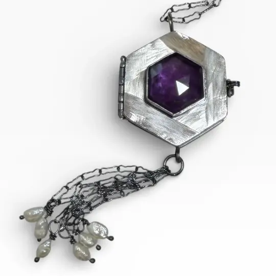 Hexagonal Box Locket with Amethyst and Freshwater Pearls