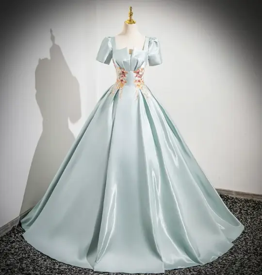 Elegant Mint Green Prom Dress ,A-Line Square-neck Embroidery Corset Maxi Evening Dress RS1090