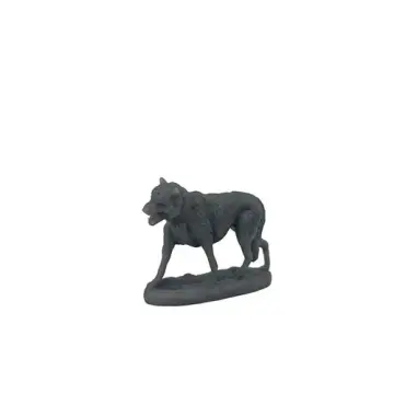 Unpainted 28mm 3D-printed resin dire wolf standing four-square with jaws parted, on a snow base - tabletop RPG miniature for D&D, Pathfinder & wargaming