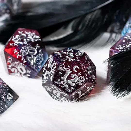 Dreamy Indigo Sky  7 Piece Dice Set – Sharp Edge Blue Burgundy Resin with Cloud and Moon Etching