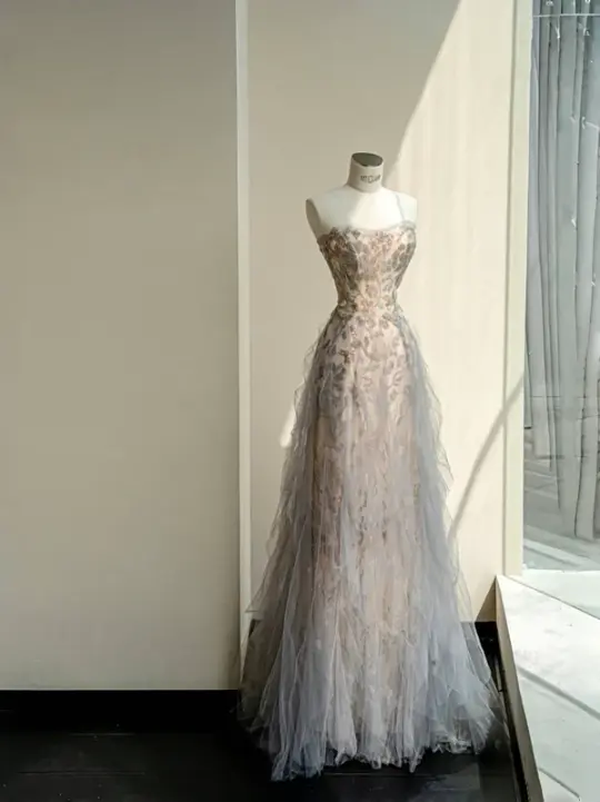 Pink Strapless Beaded Slim A-Line Maxi Dress, prom dress R5635