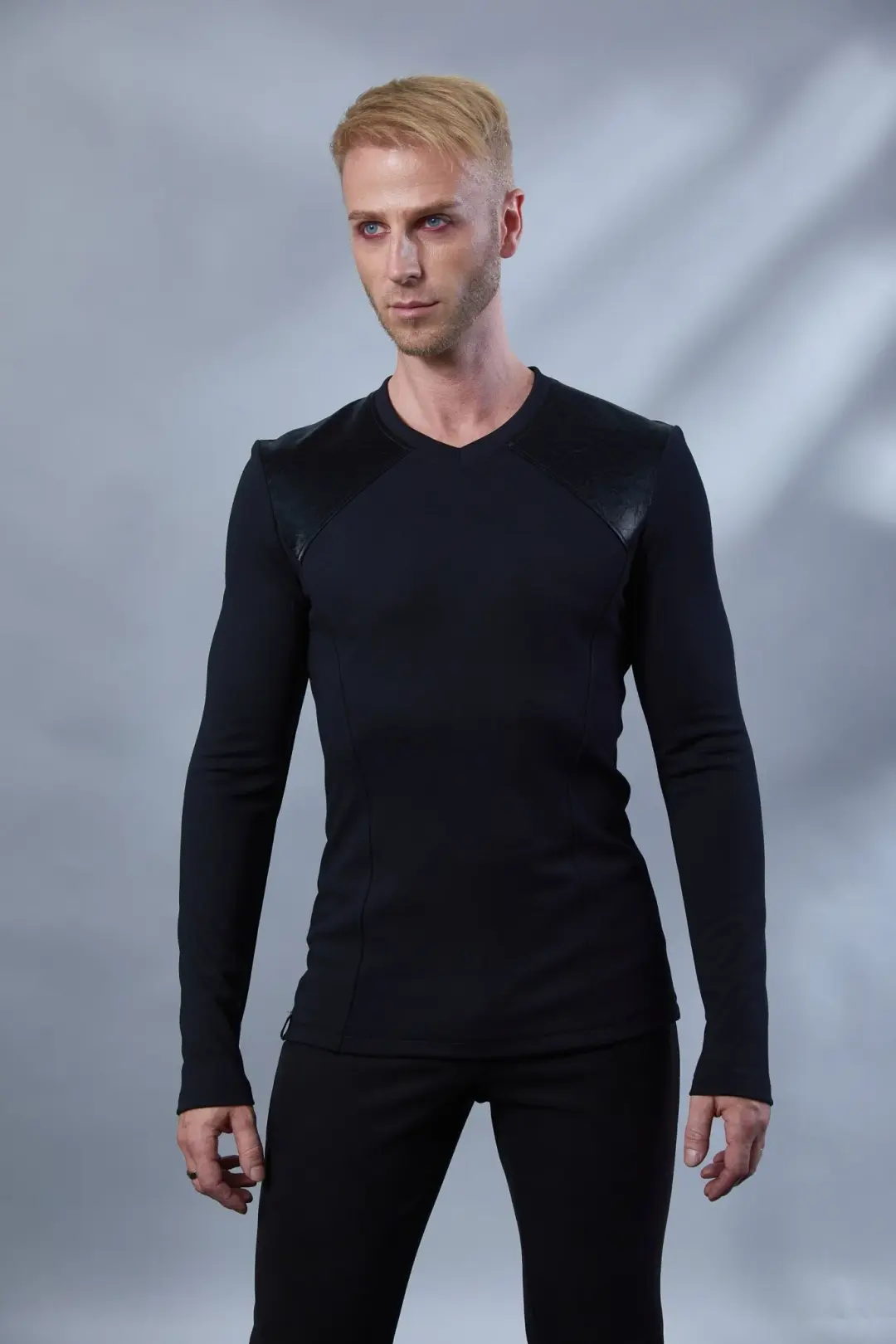 MS Black v-neck shirt with faux leather yoke