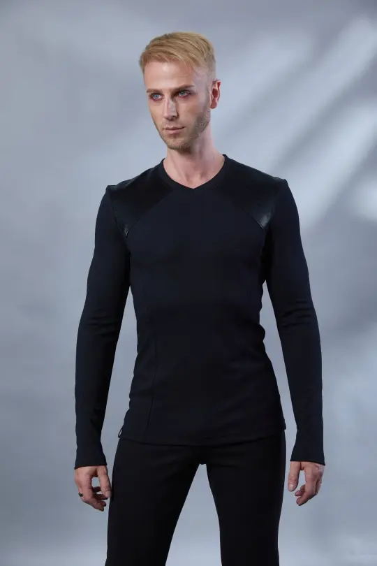 MS Black v-neck shirt with faux leather yoke