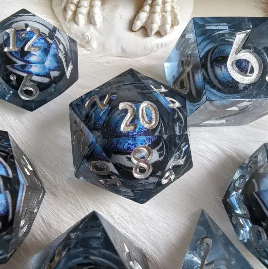 Blue White Moving Eye Liquid Core Sharp Edge Dice Set – 7-Piece Watching DnD