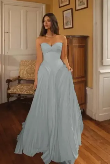 Chiffon Flowy Pleated Corset Prom Gown , Blue Women's Maxi Evening Dress Summer Dress RS2378