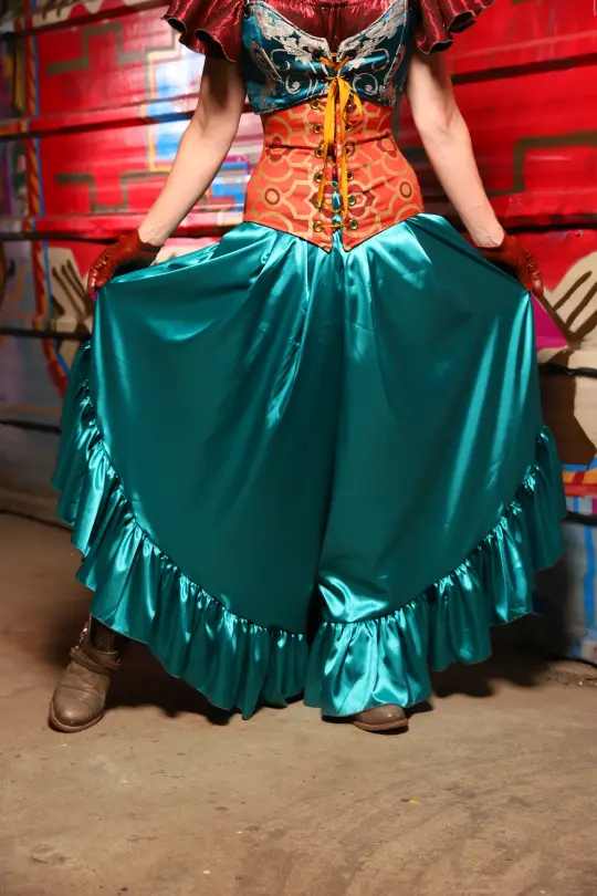 Flutterfall Trousers in Lagoon Shiny Satin - The Magic Carpet Ride Collection
