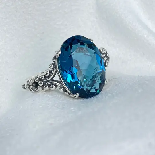 London Blue Topaz Ring, Size 7.5, Sterling Silver Gothic Jewelry, #D113 - Ready to Ship