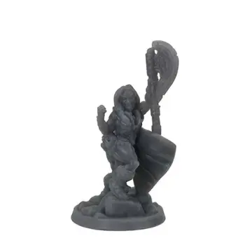 Unpainted 32mm 3D-printed female human barbarian lunging low with a knotwork greataxe raised overhead — tabletop RPG miniature for D&D, Pathfinder & wargaming