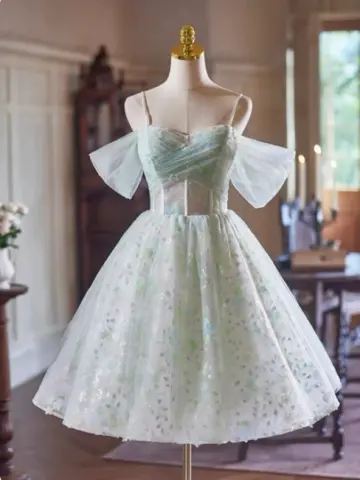 Lovely Mint Green Floral Homecoming Dress ,A-Line Spaghetti Straps Tulle Corset Short Prom Dress RS813