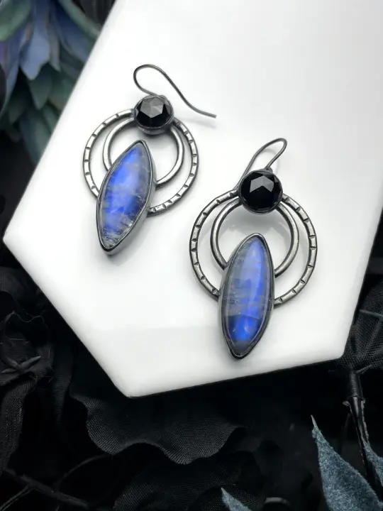 Rainbow Moonstone & Black Spinel "Signal" Earrings