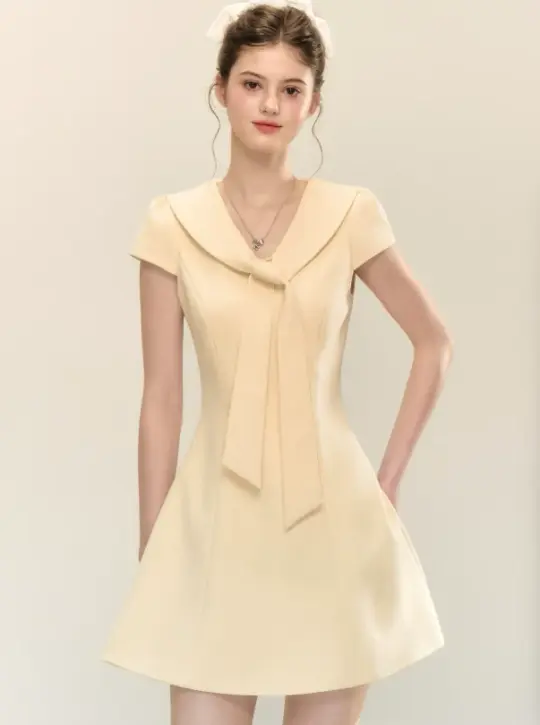 Light Yellow Short Sleeve Sailor Collar Dress with Back Zipper R9217