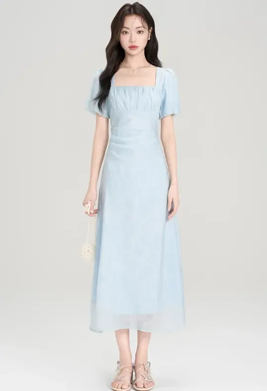 Tea break French style square neck puff sleeve dress new style chic sweet waist skirt R2376
