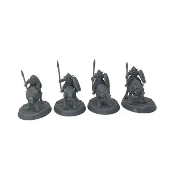 A front-view photograph of four unpainted grey resin goblin wolf-rider spearman miniatures against a white background. The figures feature armored goblins mounted on snarling wolves, each wielding a long spear and carrying a round shield. They are positioned on oval, cobblestone-textured bases.