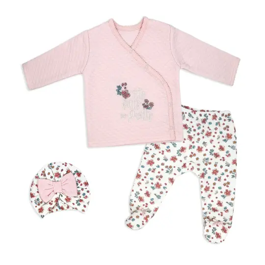 Baby Mode Baby Girls 3 Piece Lightly Quilted Itty Bitty Layette Set, Pink Floral, 0-3M