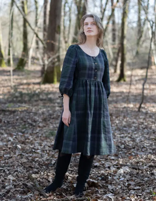 Robe manches 3/4 'Vera' en lin écossais vert