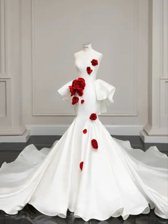 White tube top 3D flower waist slim fit hip long skirt, prom dress R5313