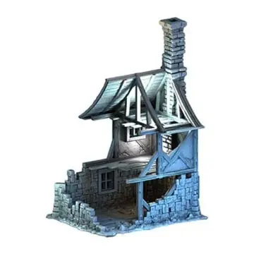 Cinderfell Ruined House 28mm 3D printed medieval fantasy town terrain, 3D render, front view