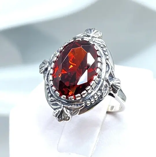 Garnet CZ Ring, Size 8, Oval Wreath Filigree Ring - Vintage Art Nouveau Style Ring D74 - Ready to Ship