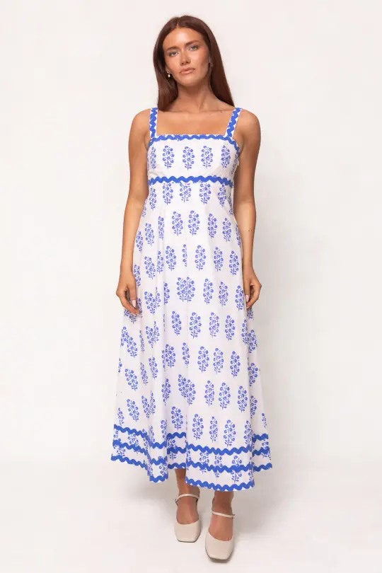 Palmer Dress in Blue Block Print