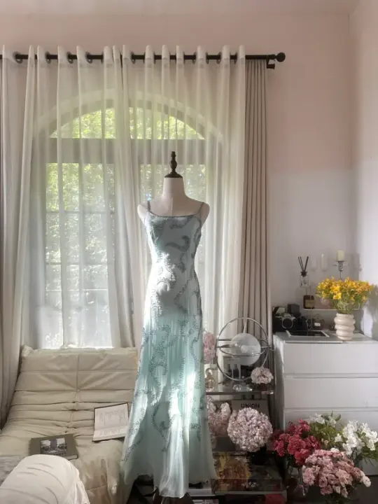 Light gray-blue halter-neck fitted waist sexy long ball gown R7770