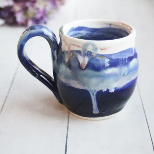 Stoneware Mug in Dripping Blue and White Glazes, 13 oz. Handmade Pottery Coffee Cup, Made in USA