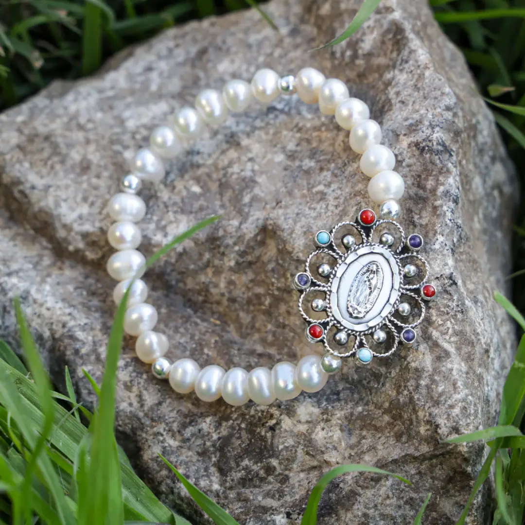 Sterling Silver Virgen De Guadalupe Faux Pearl Bracelet