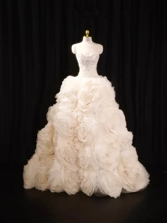 Light apricot strapless, fitted waist, full skirt, long ball gown, bridal dress R8914