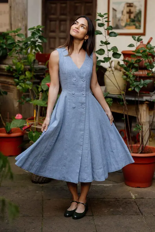 Rosa – Midi Linen Denim Dress with Double-Button Front