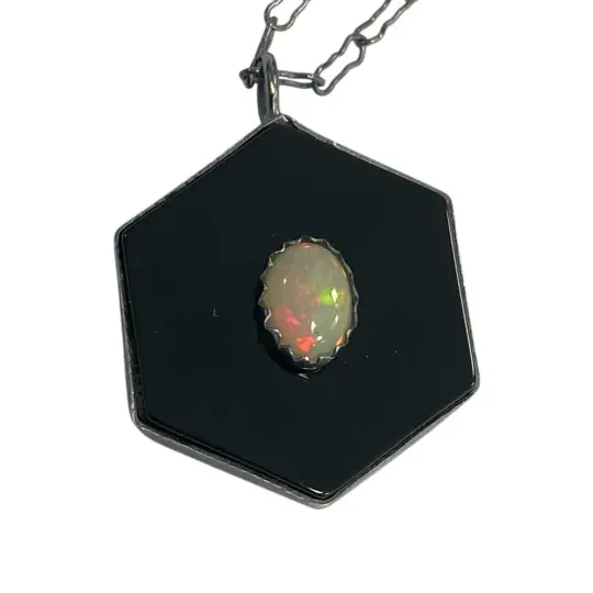 Black Onyx and Natural Opal Talisman Pendant
