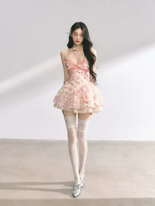 Pink floral suspenders slim waist A-line short skirt homecoming dress R5285