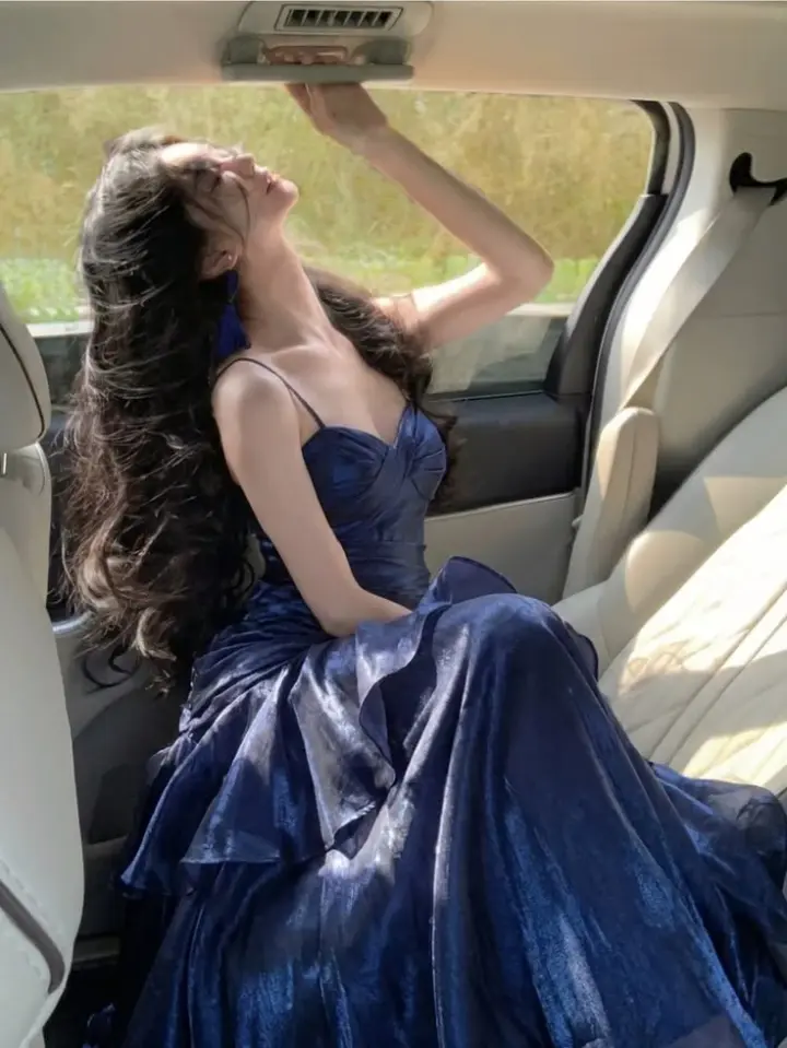 Flowy Chiffon Ruffled Prom Gown Navy Women's Corset Maxi Birthday Dress — Fall Outfit 2026 New RS3098