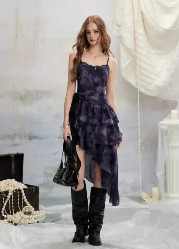 Grunge Style Purple Tie-Dye Cami Dress With Tiered Skirt And Layered Design R9306