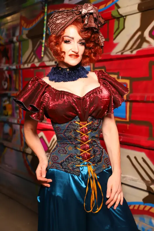 Petite Wench Underbust Corset in Geometric Peacock Upholstery - The Magic Carpet Ride Collection