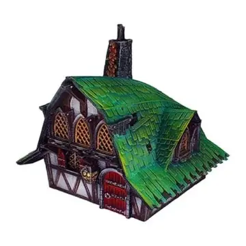 Greentatch Cottage 28mm 3D printed medieval fantasy town terrain, painted example, side view