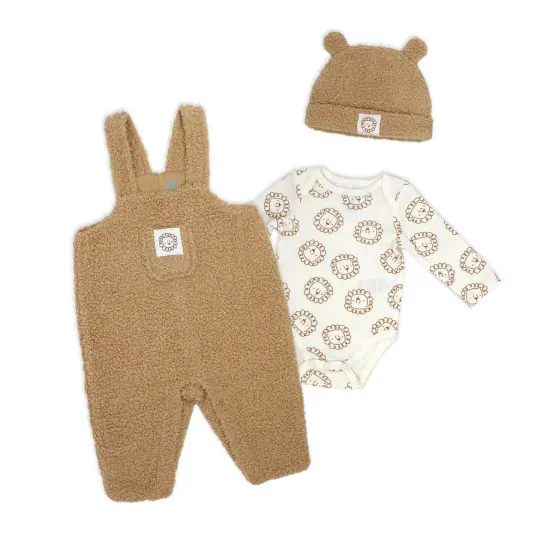 Baby Mode Baby Boys 3 Piece Faux Sherpa Lions Overall, Bodysuit, and Cap Set, 3M