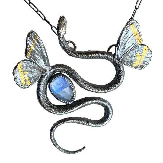 Minor Miracle Naturalistic Winged Serpent Pendant in Gold, Sterling, and Moonstone