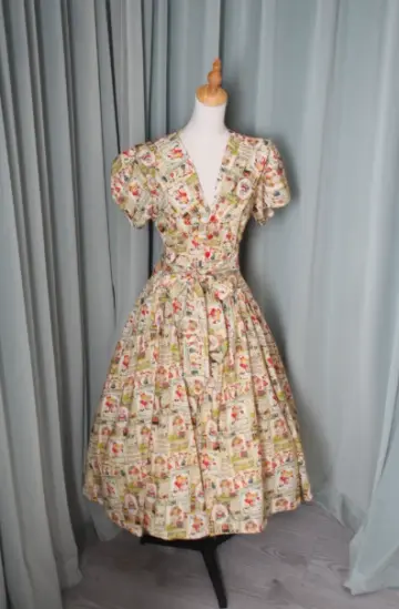 French Retro Floral A-Line V-neck Corset Midi Women Dress Prom Dress RS632